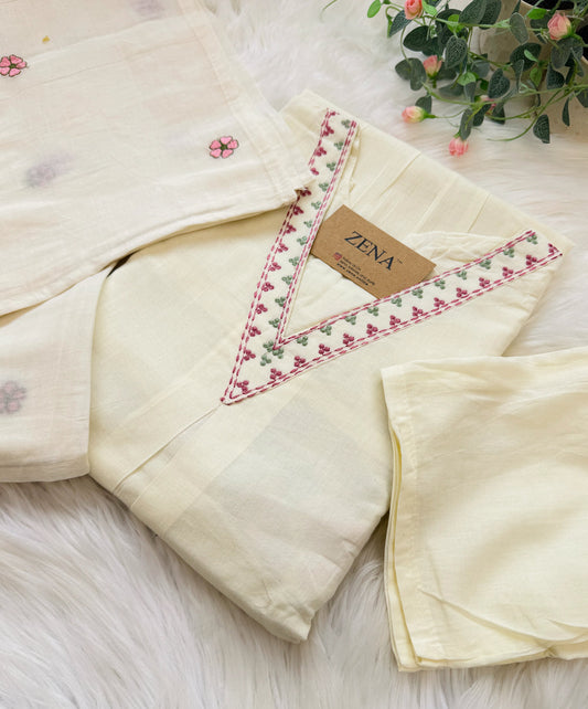 ✨ Pure Cotton V-Neck Embroidered Kurti Set ✨